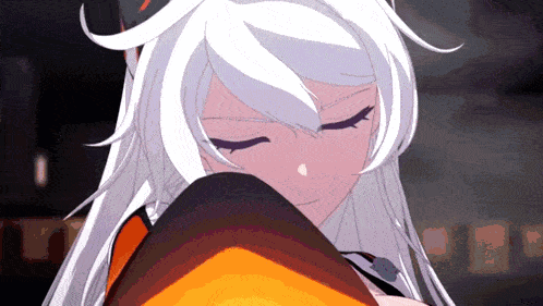 a close up of a girl with white hair