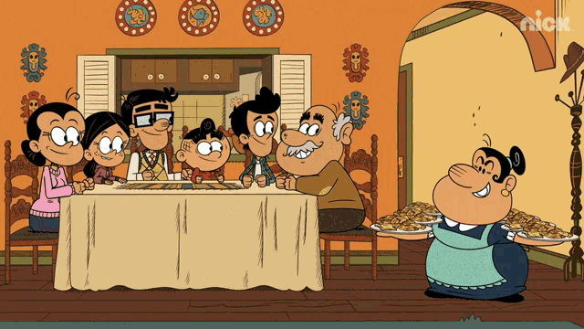 a cartoon of a family sitting around a table with a nick logo on the wall behind them