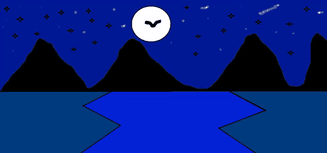 a drawing of mountains and a river at night