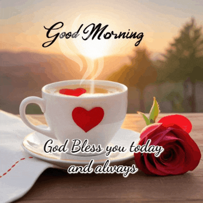 a cup of coffee with a heart on it and a rose on a saucer with the words good morning god bless you today and always