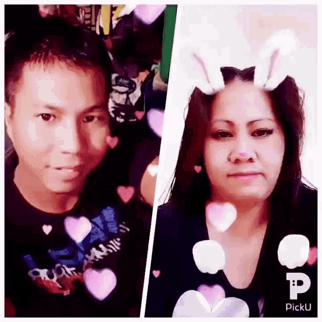 a man and a woman with bunny ears on their faces .