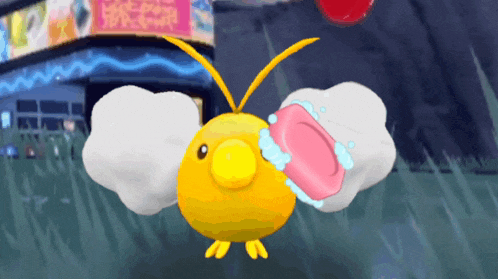 a yellow bird holding a pink soap bar in its beak