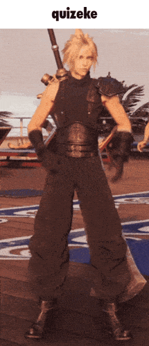 a video game character is holding a sword and the text quizeke is below him