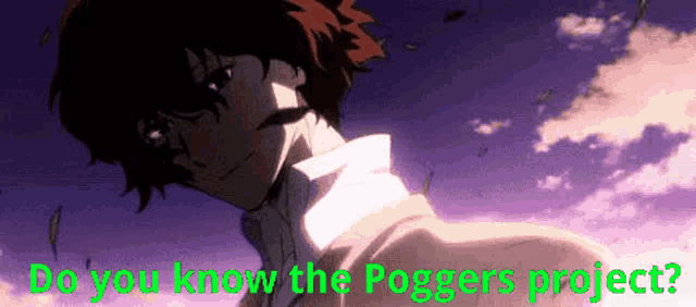 a man with red hair is standing in front of a purple sky with the words `` do you know the poggers project ? ''