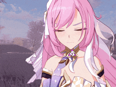 a girl with pink hair and a purple ribbon around her neck is standing in a field with her eyes closed