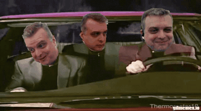 three men are sitting in a car with the words gifmemes.io on the bottom right