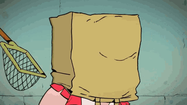 a cartoon character with a bag over his head