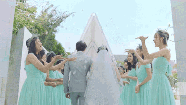 the bride and groom are surrounded by their bridesmaids in mint green dresses