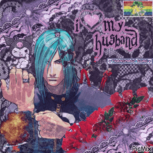 a picture of a man with blue hair and the words i love my husband on the bottom