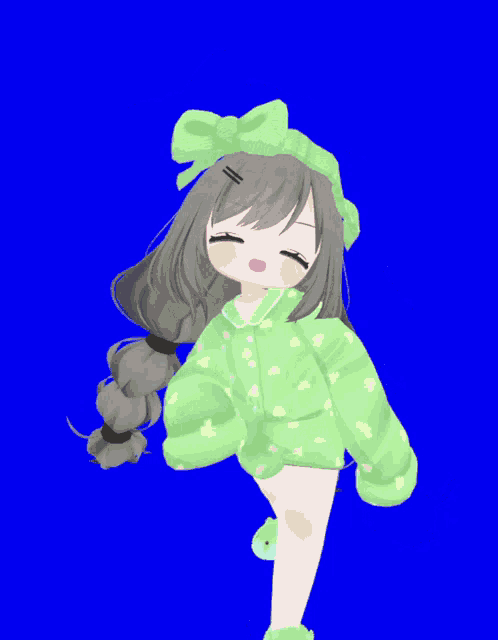 a cartoon girl wearing a green pajama top with a green bow on her head