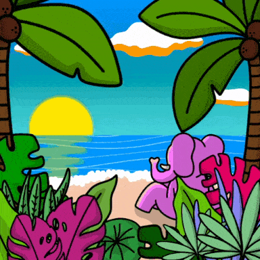 a cartoon of an elephant on a beach with palm trees and plants