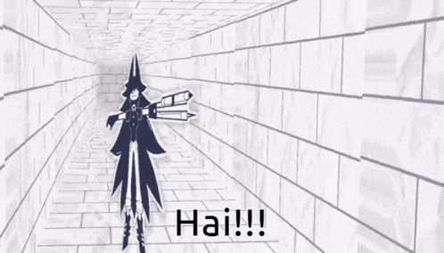 a black and white drawing of a character with hai written on the bottom right