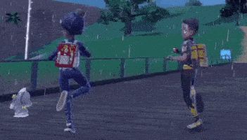 two cartoon characters are running in the rain on a bridge .