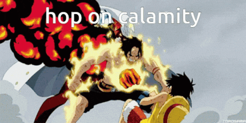 a cartoon of a man fighting another man with the words hop on calamity above them