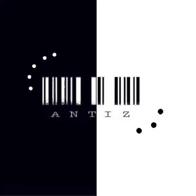 a black and white image of a barcode with the word antiz on it