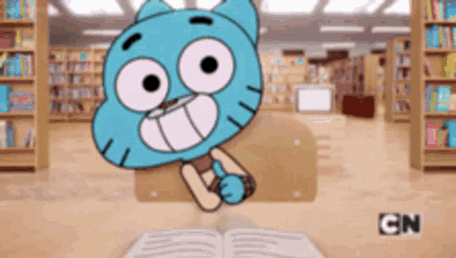 gumball from the amazing world of gumball is sitting in a library reading a book