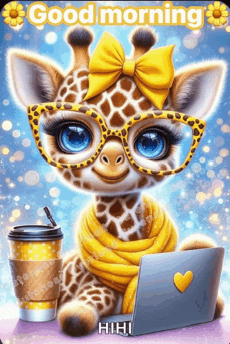a giraffe wearing glasses and a yellow bow is sitting in front of a laptop computer .