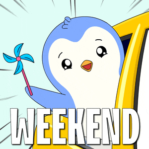 a penguin holding a pinwheel and the word weekend