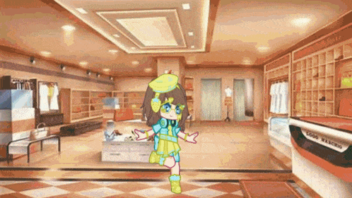 a cartoon girl is standing in a room in a store wearing headphones .