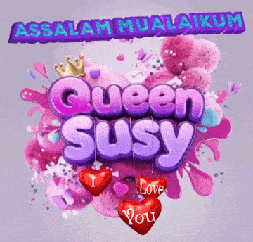 a pink teddy bear with a crown and the words queen susy surrounded by hearts