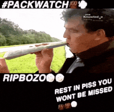 a picture of a man smoking a cigarette with the words ripbozo rest in piss you wont be missed