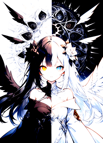 a black and white anime girl with yellow eyes and wings