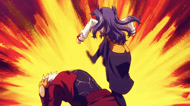 a girl with purple hair is standing over a man
