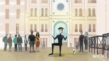 a cartoon of a man kneeling in front of a building with a netflix logo