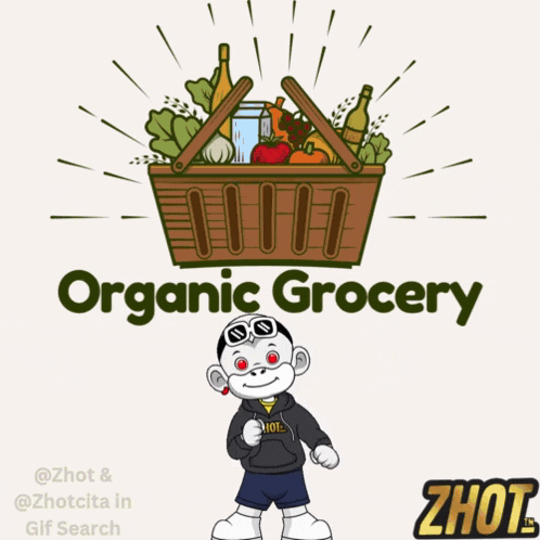 a cartoon character is standing in front of a basket of vegetables that says organic grocery