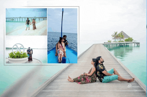 a man and a woman sit on a wooden dock near the ocean