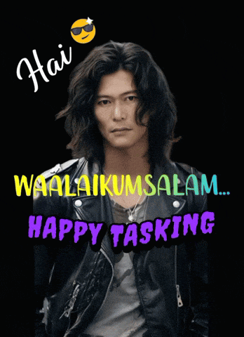 a picture of a man in a leather jacket with the words hai waalaikumsalam happy tasking