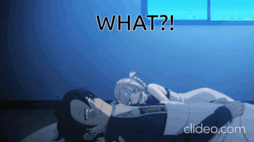 a man and a woman are laying on a bed with the words what written above them