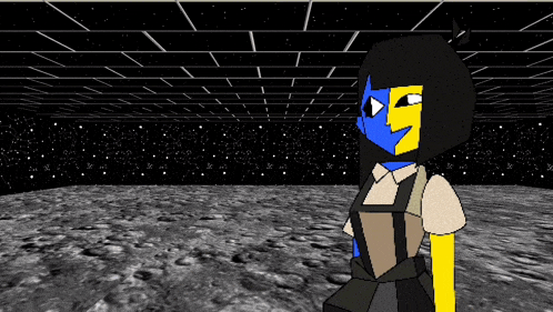 a cartoon character with a blue and yellow face is standing in a room with stars in the background .