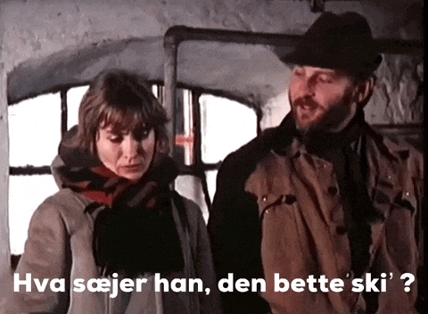 a man and a woman standing next to each other with the words hva sejere han den bette ski