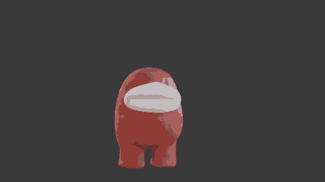 a red among us character with a big mouth is standing on a grey background .
