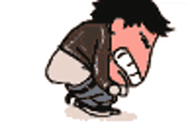 a cartoon of a man squatting next to a pile of poop .
