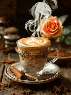 a cup of cappuccino with smoke coming out of it and a rose in the background