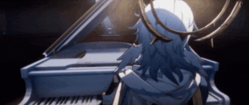 a girl with horns is playing a piano in a dark room