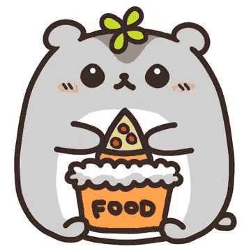a hamster is holding a bowl of food and a slice of pizza