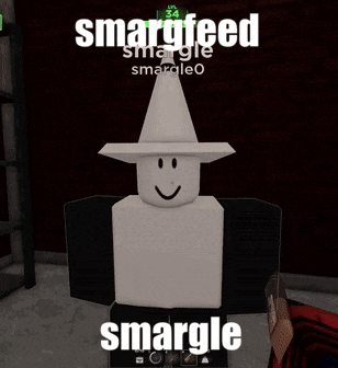 a white roblox character wearing a white hat and smiling with the words smargfeed written above him
