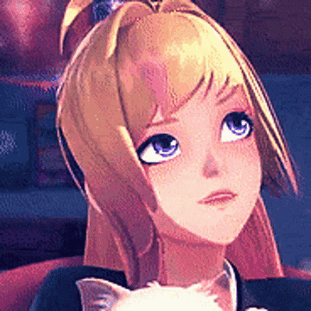 a girl with blonde hair and blue eyes is holding a cat .