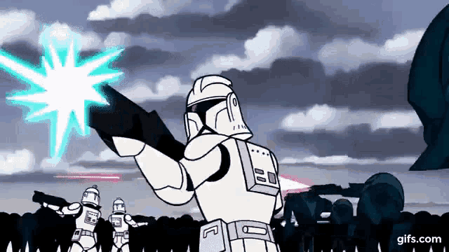 a group of clone trooper soldiers are standing in a field holding guns and shooting lasers .