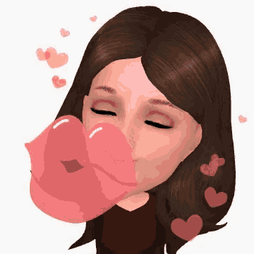 a cartoon of a woman blowing a kiss with hearts surrounding her .