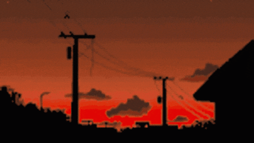 a pixel art of a sunset with telephone poles and a house in the foreground