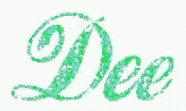 the word dee is written in green sparkles on a white background .