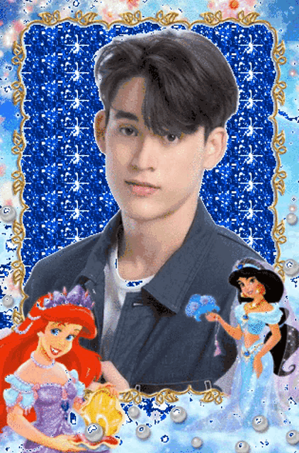 a man is surrounded by princesses in a blue frame
