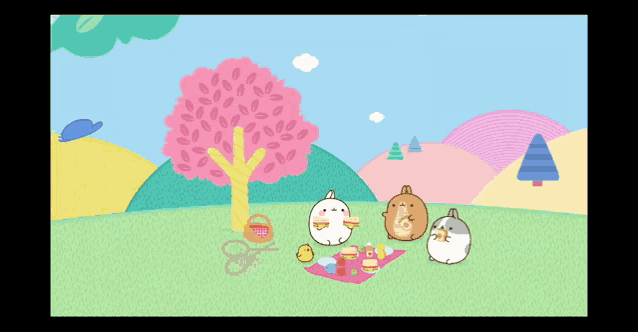 a group of cartoon characters are having a picnic