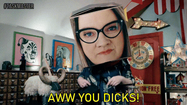 a picture of a woman with glasses and the words " aww you dicks "