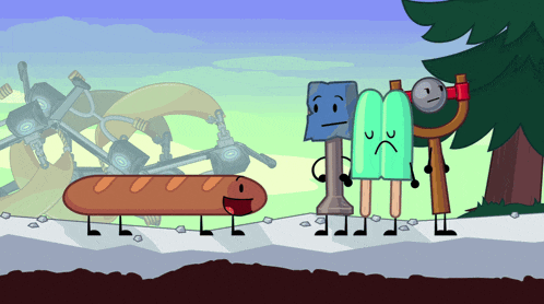 a bunch of cartoon characters including a bread stick and two popsicles