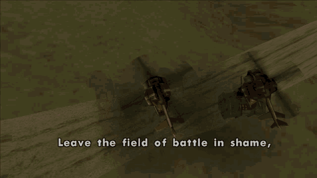 two helicopters are flying over a grassy field with the words leave the field of battle in shame